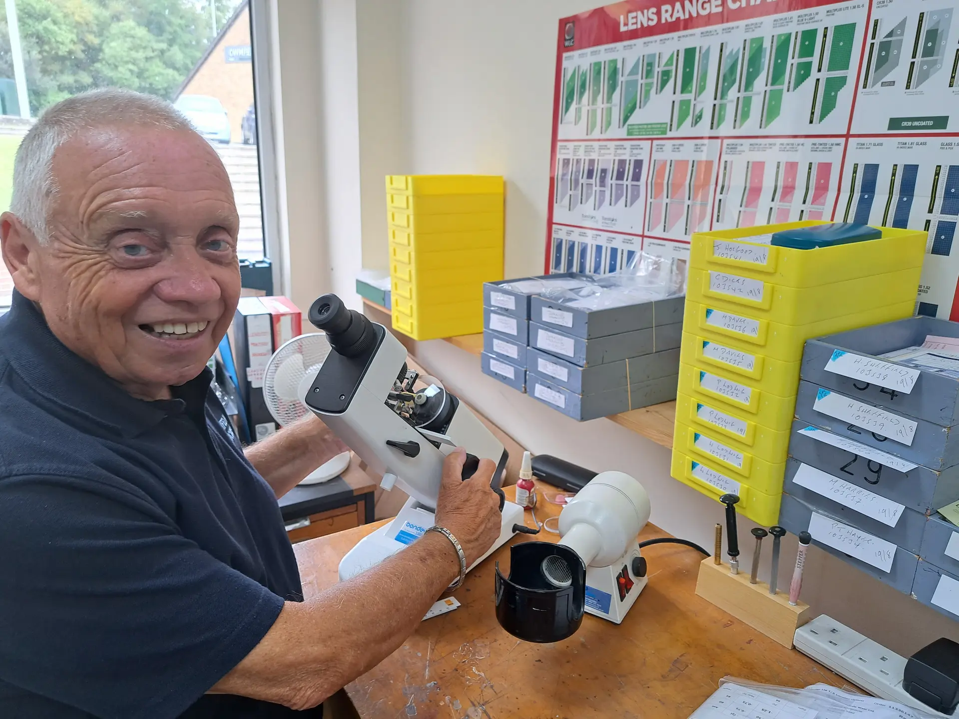 Charles Dickens at the lens finishing bench at Cwmfelin Opticians